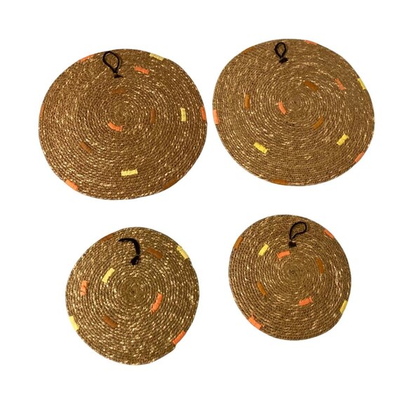 Woven Wall Hanging Set Of 4 Round Flat Baskets With Orange And Yellow Accents - Picture 2 of 3